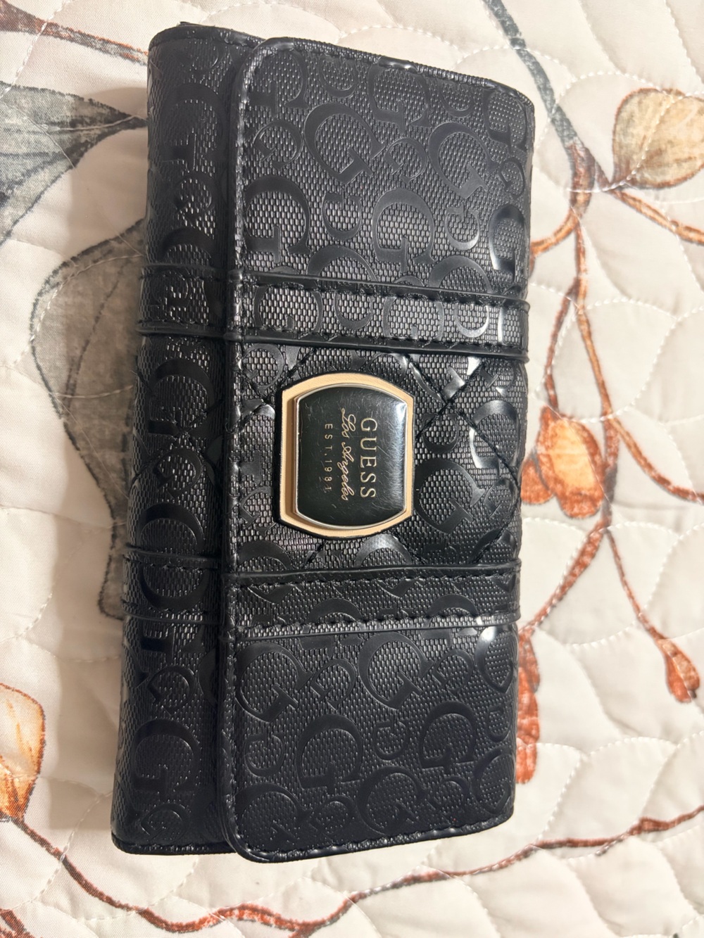 GUESS Black Quilted Logo Folding Wallet with Gold Plaque